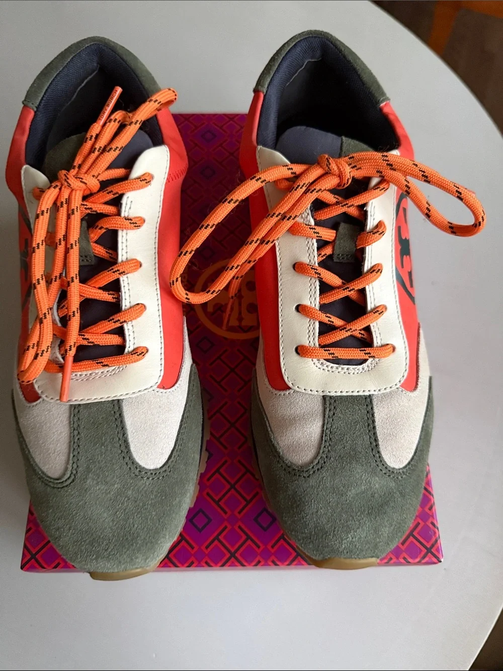 Tory Burch Orange, Olive & Cream Logo Runner Sneakers - Picture 2 of 8